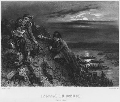 Napoleon I Bonaparte (1769-1821) krydser Donau om natten den 4. juli 1809, graveret af Abraham Girardet (1764-1823) af Denis Auguste Marie Raffet